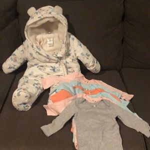 Carters 3-6 month snowsuit and 6 like new onesies